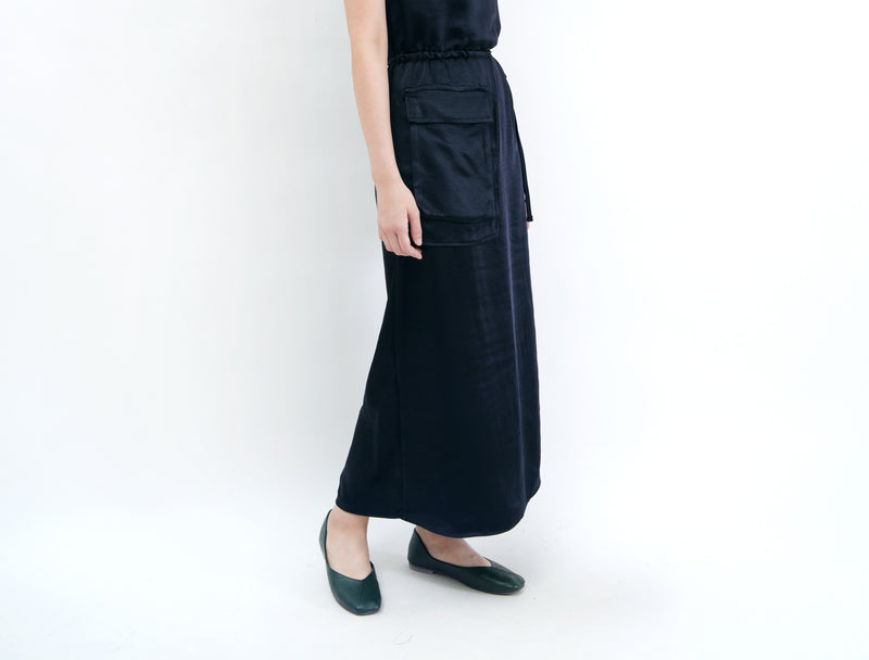 Navy satin maxi dress w/ attached pocket