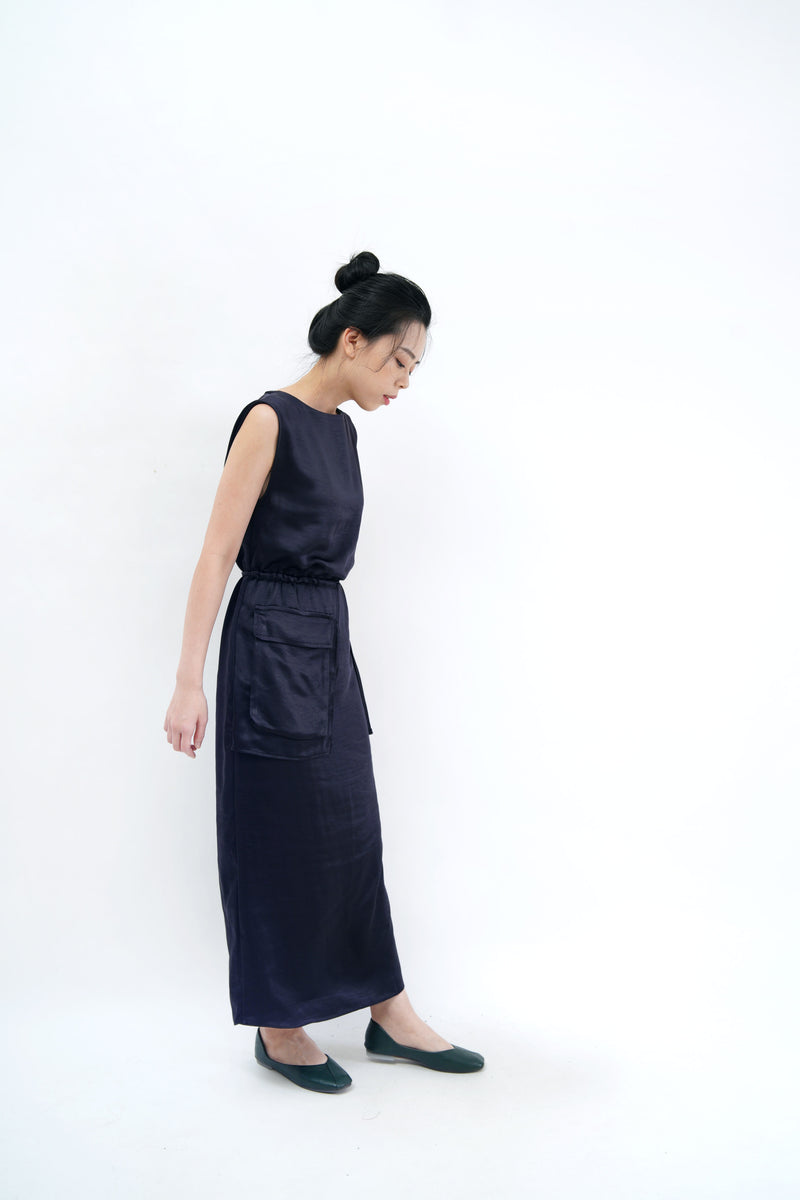 Navy satin maxi dress w/ attached pocket