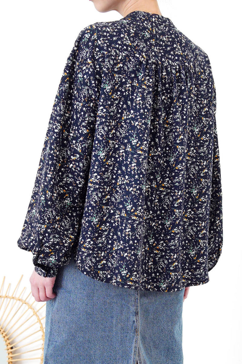 Navy stand collar shirt in floral print