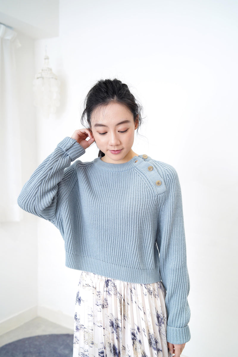 Baby blue crop sweater w/ buttons detail
