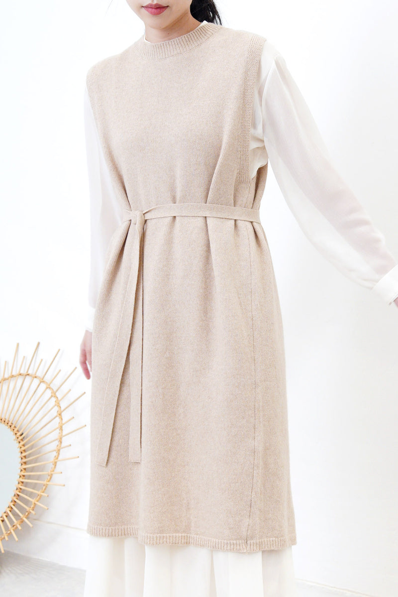 Beige wool vest slit dress w/ waist strap