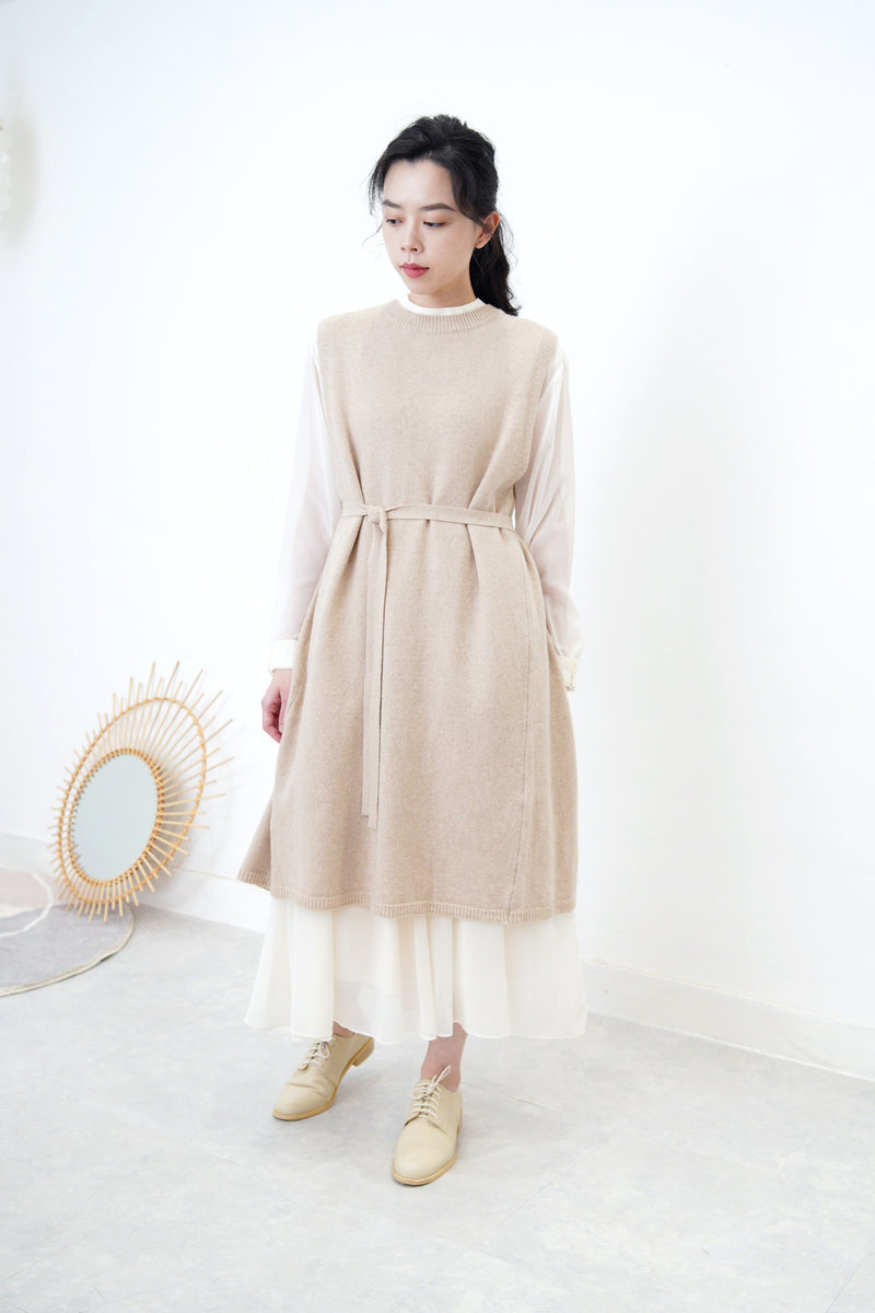 Beige wool vest slit dress w/ waist strap