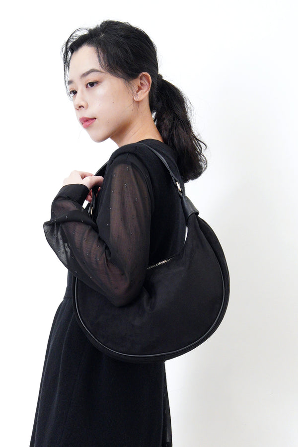 Black suede dumpling shoulder bag