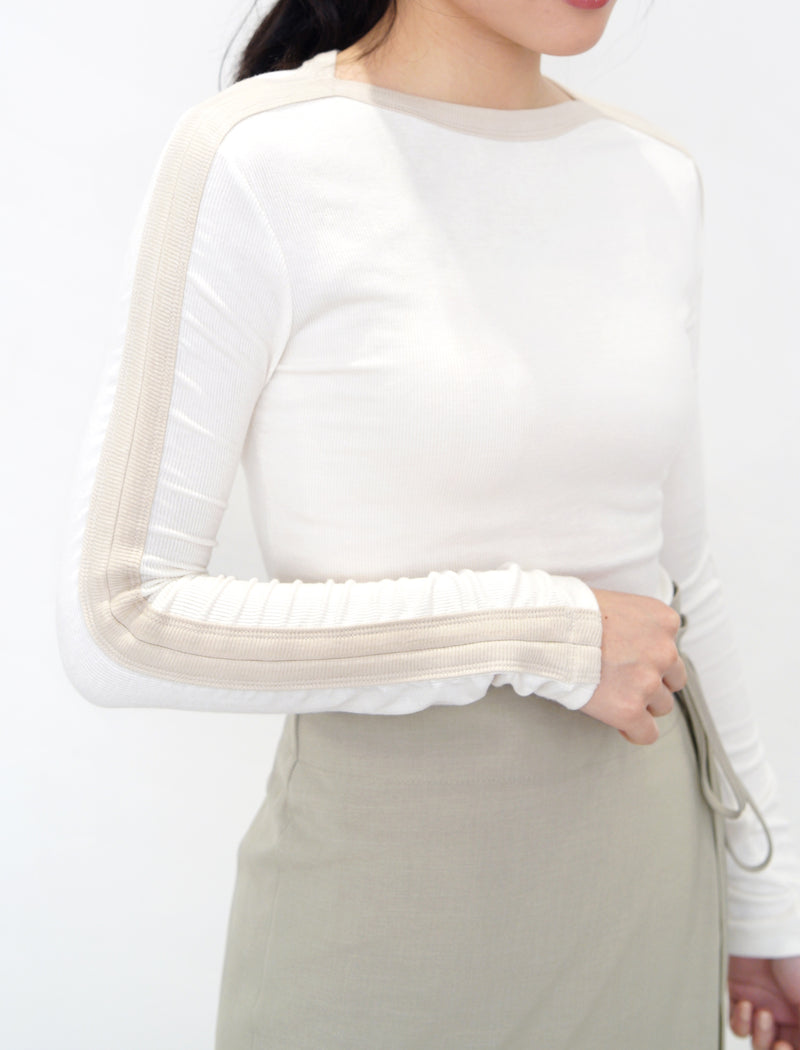 White boat neck top w/ shoulder outline details