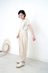 Ivory pleats trousers w/ straps
