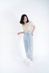 Light wash out blue mom jeans in vintage style