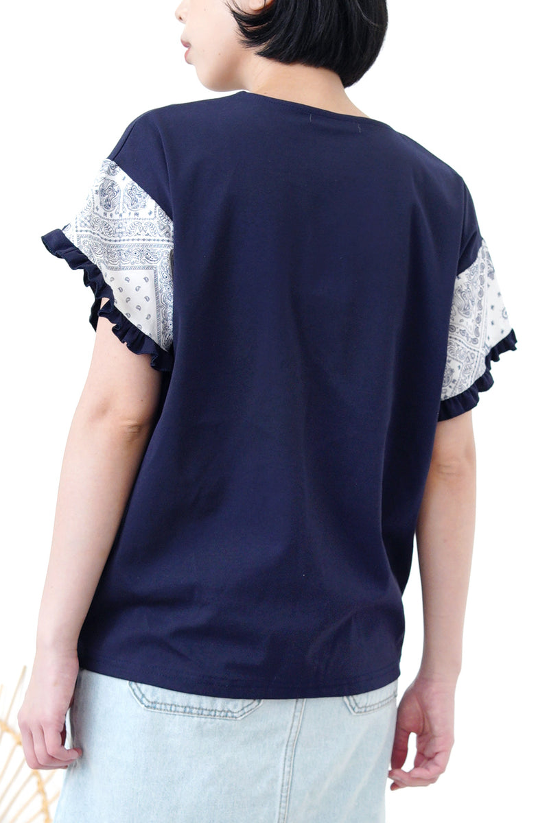Navy top w/ printed petal sleeves