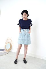 Navy top w/ printed petal sleeves