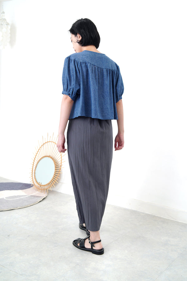 Blue linen smock top