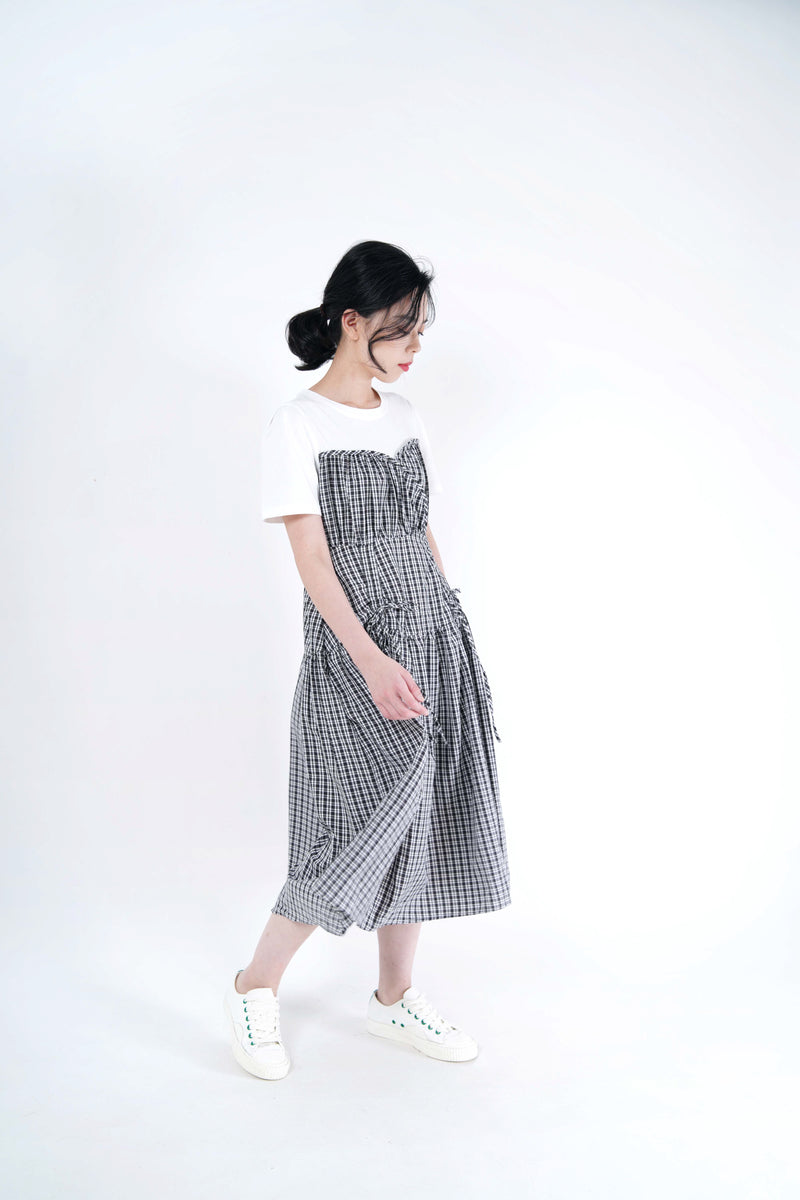 B/w checked dress w/ string details