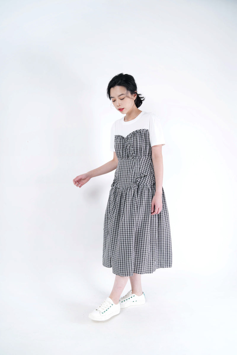 B/w checked dress w/ string details