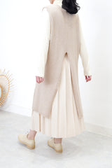 Beige wool vest slit dress w/ waist strap