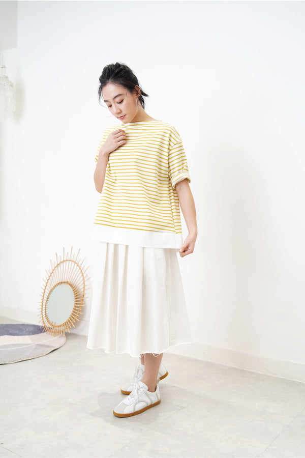 Yellow stripes flare cut top in shirt hem