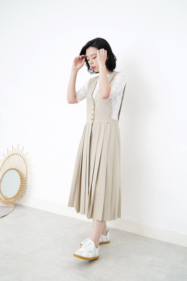 Beige v neck one piece in pleats