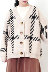 Beige loose cut cardigan in check pattern