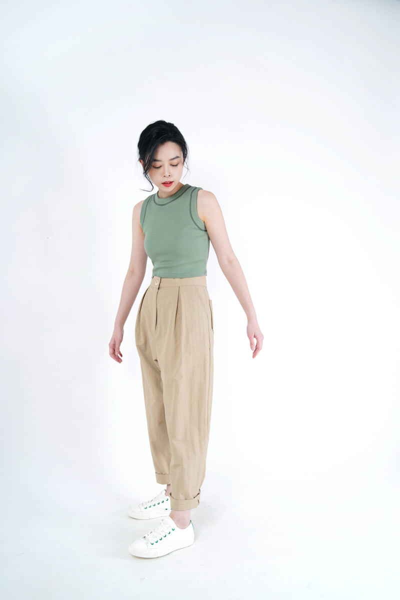 Oatmeal linen crop top w/ detail buttons