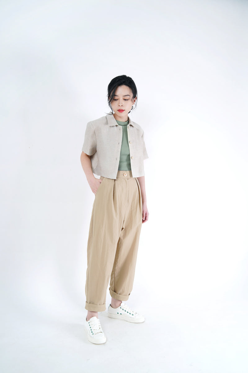 Oatmeal linen crop top w/ detail buttons