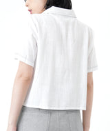 White linen crop shirt in contrast stitching