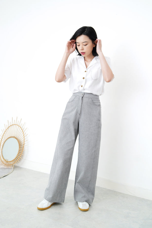 White linen crop shirt in contrast stitching