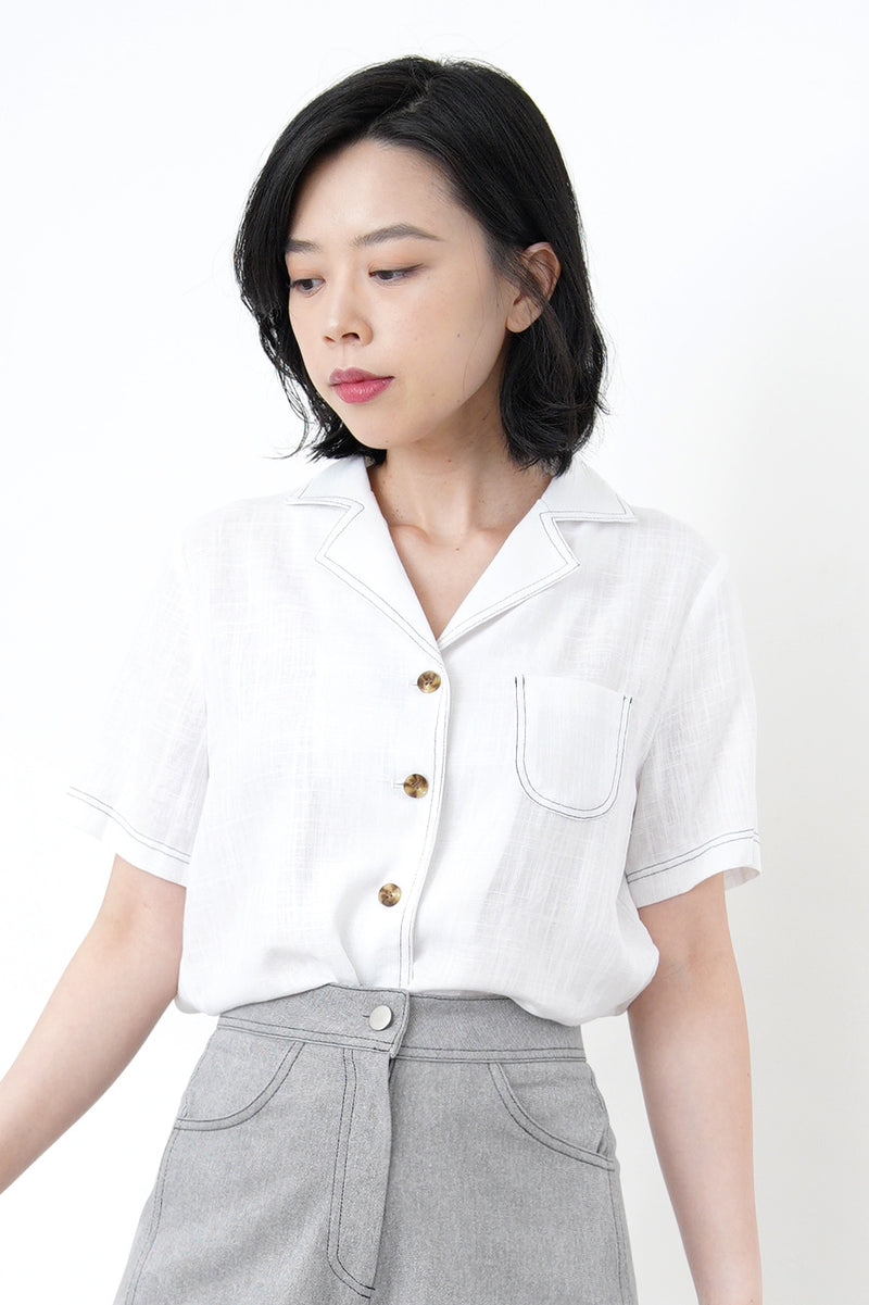 White linen crop shirt in contrast stitching