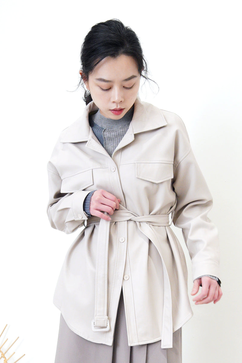 Light grey pu shirt jacket w/ waist belt