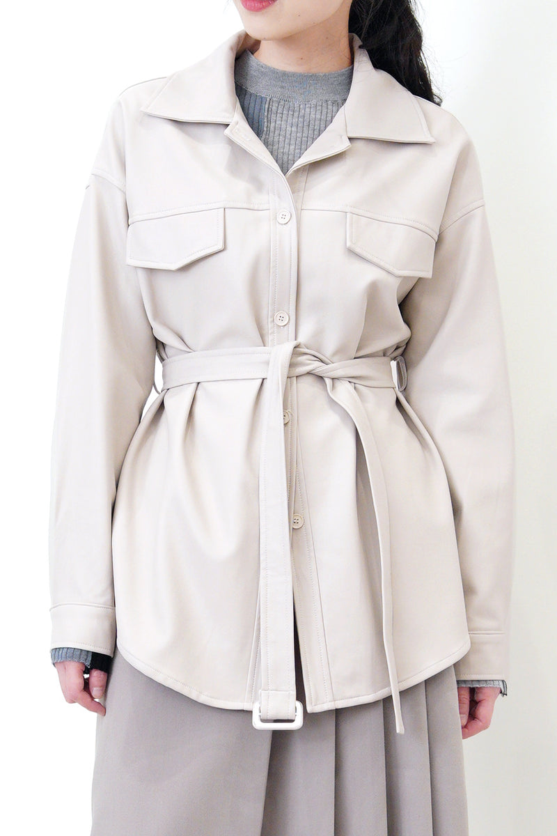 Light grey pu shirt jacket w/ waist belt