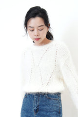 Ivory fluffy knit top in crochet detail