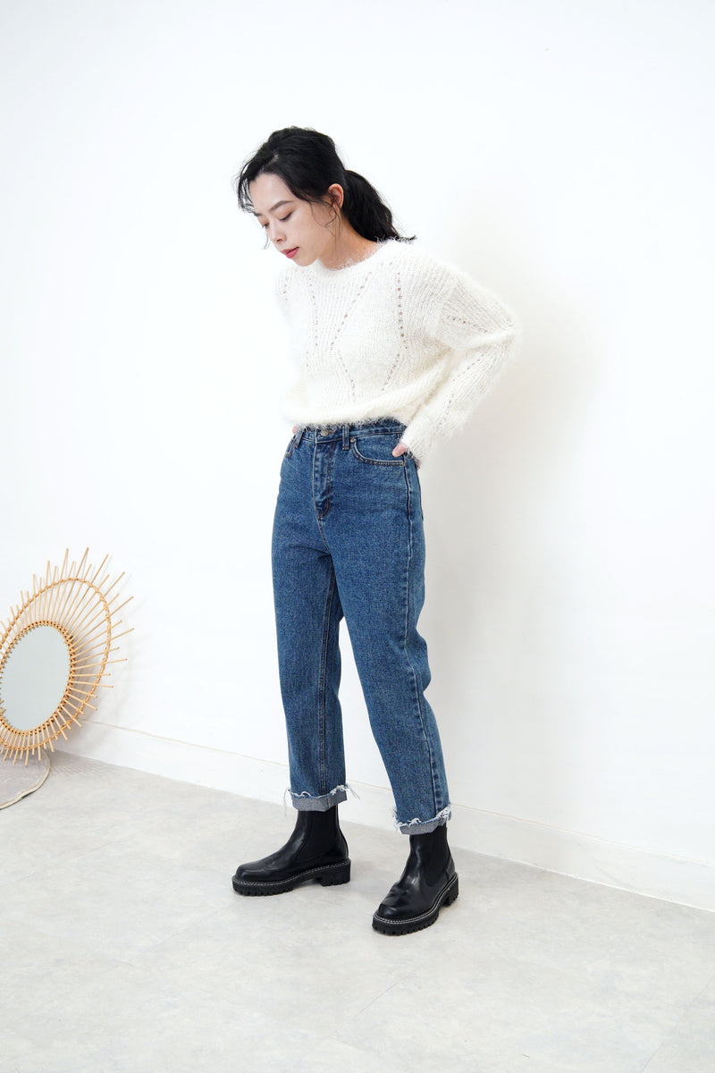 Ivory fluffy knit top in crochet detail
