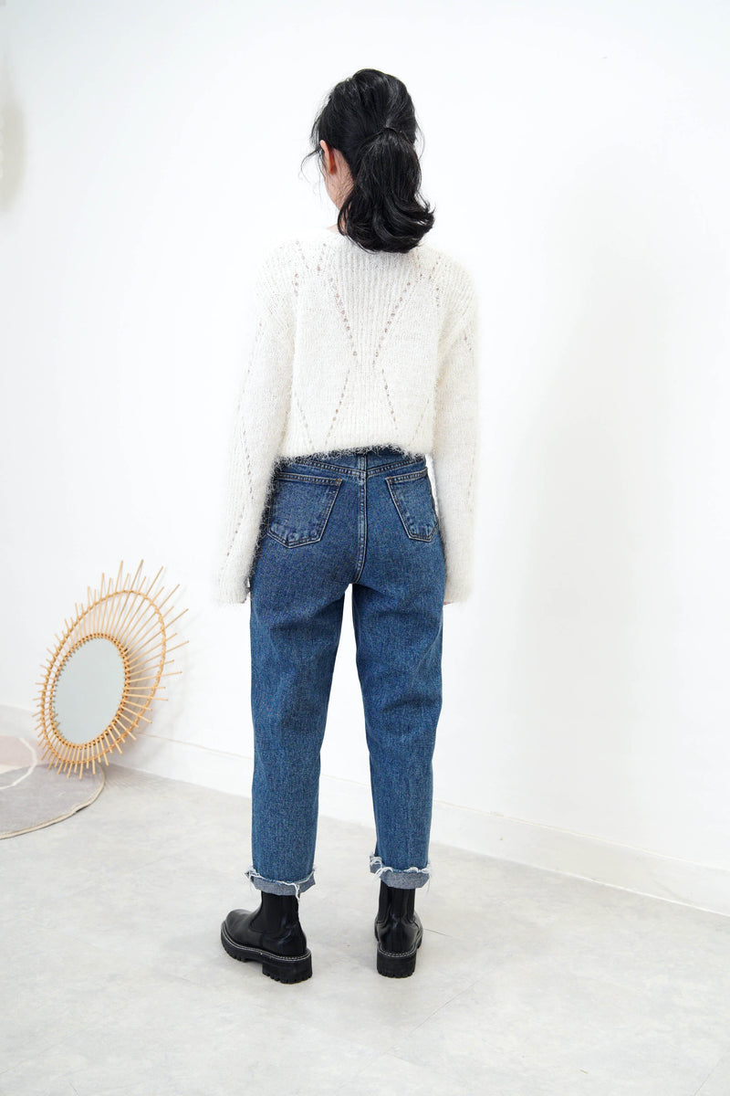 Ivory fluffy knit top in crochet detail