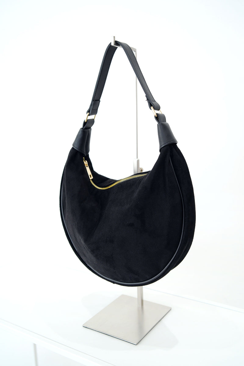 Black suede dumpling shoulder bag