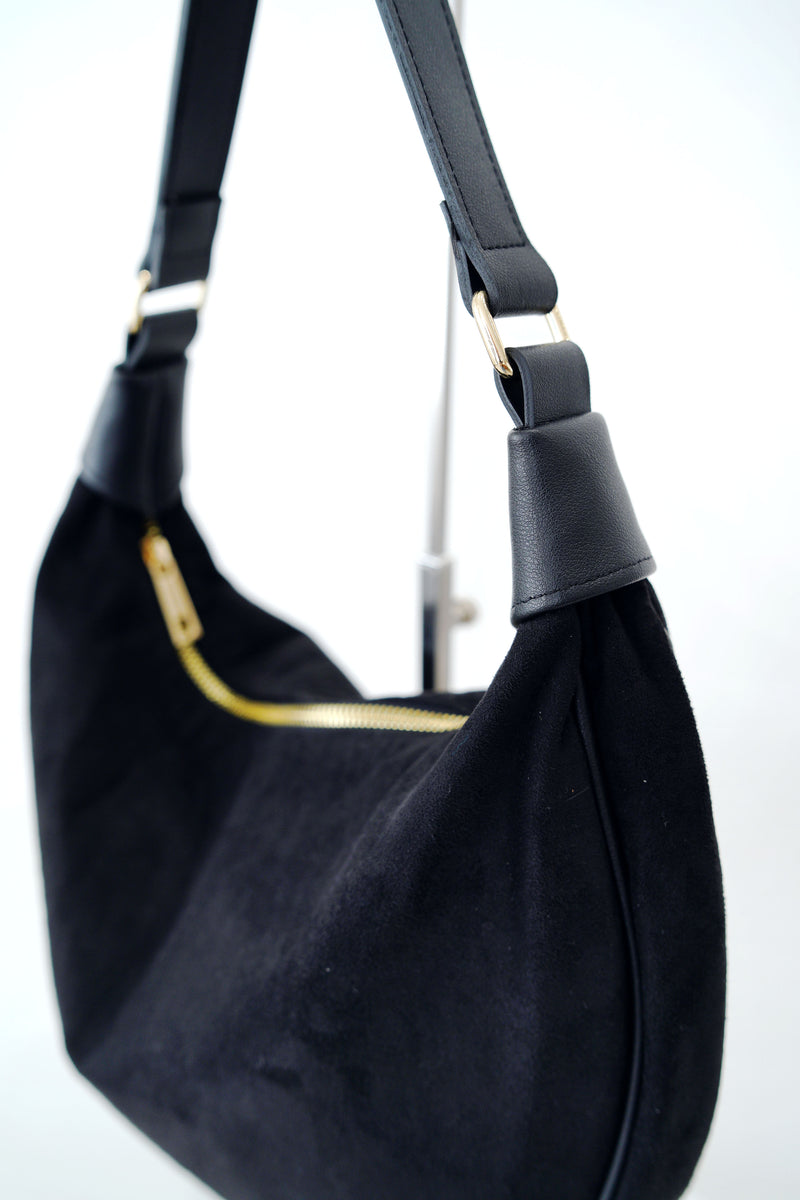 Black suede dumpling shoulder bag