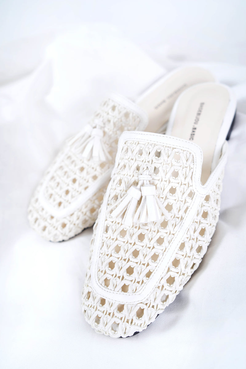 White crochet backless flat mules