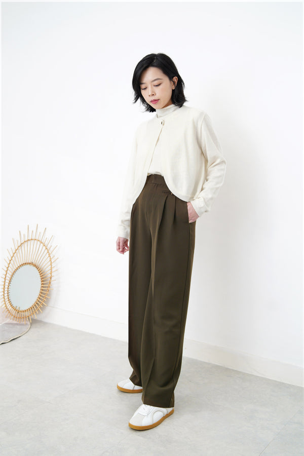 Khaki straight cut trousers in elastic waist