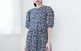 Navy floral vintage dress w/ puff sleeves