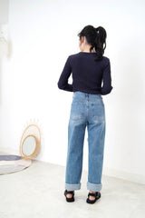Navy stripes texture top w/ contrast lines