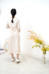Ivory texture satin dress w/ waist string