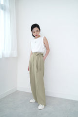 Green straight cut trousers w/ tie waist details