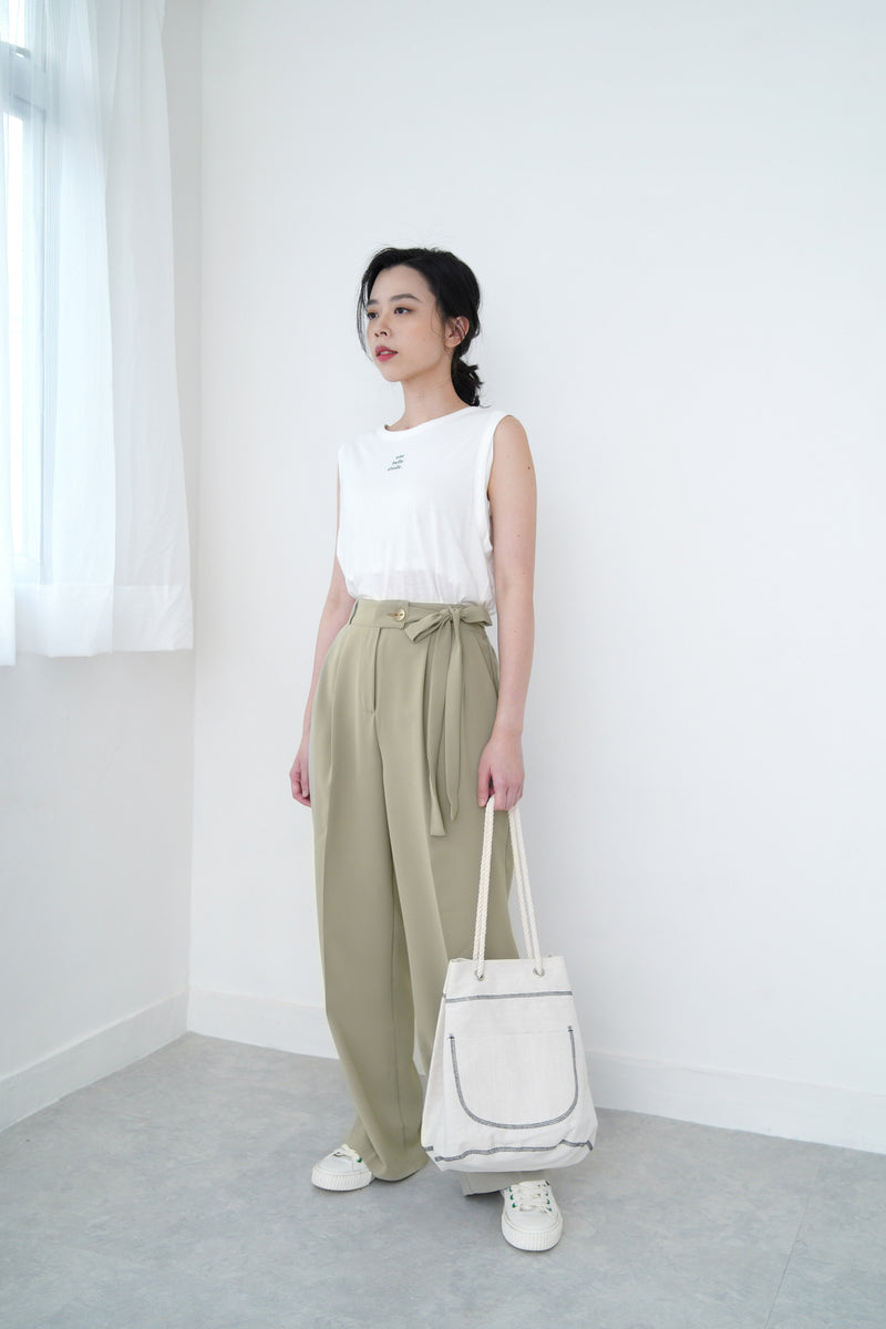Green straight cut trousers w/ tie waist details