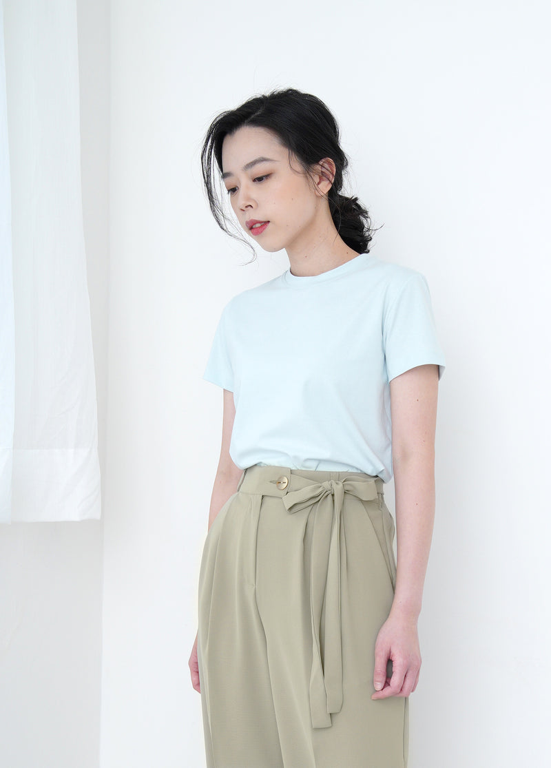 Green straight cut trousers w/ tie waist details