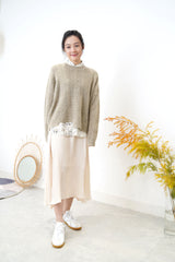 Ivory texture satin dress w/ waist string