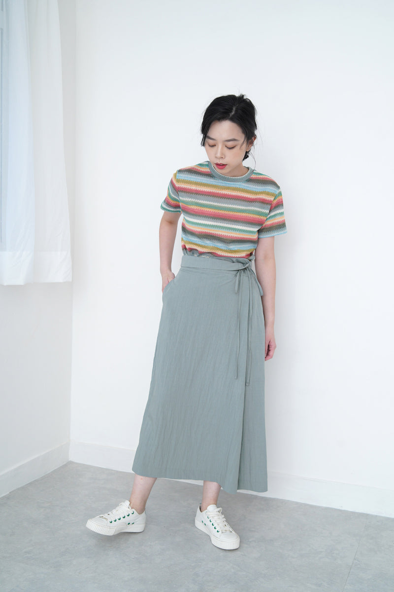 Grey blue h-cut skirt in detail tie waist details