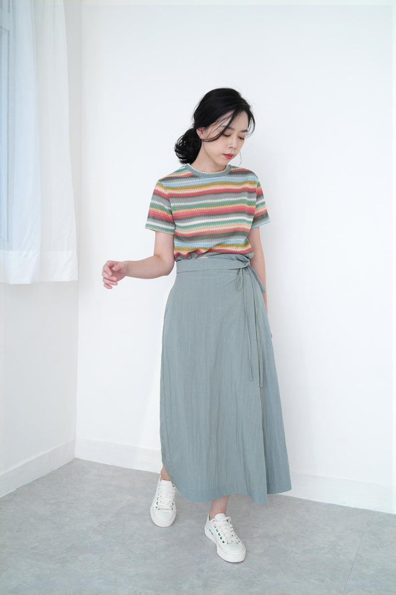 Grey blue h-cut skirt in detail tie waist details