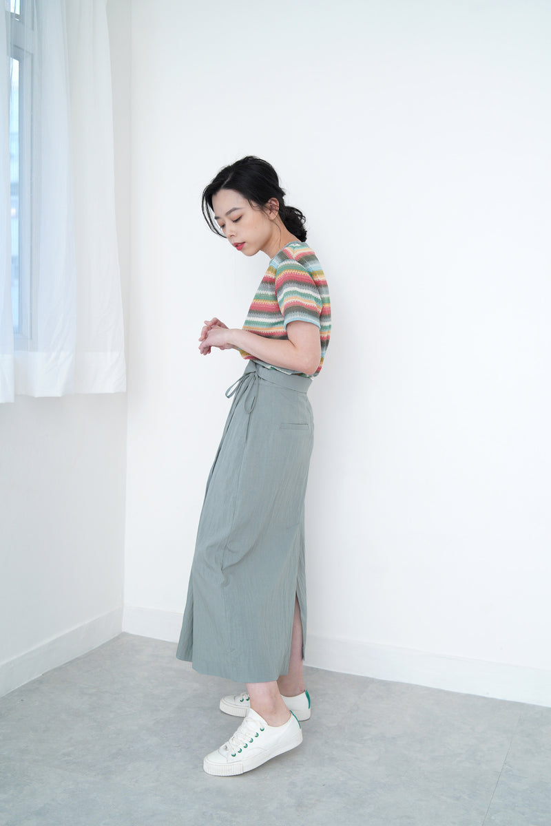 Grey blue h-cut skirt in detail tie waist details