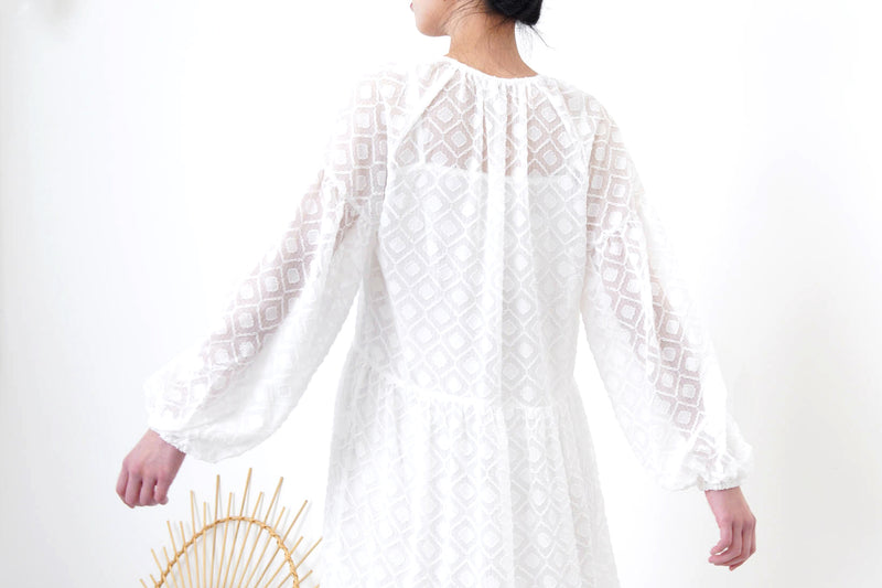 white sheer dress in diamond pattern with cami inner