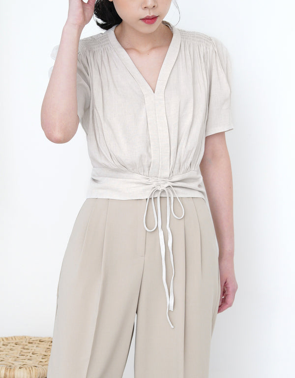 Oatmeal v neck blouse w/ tie waist details