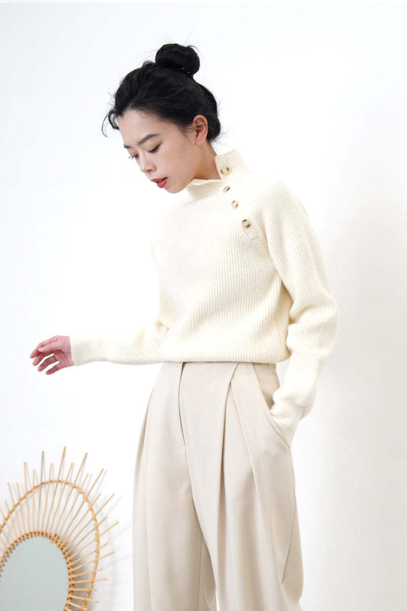 Ivory stand collar sweater w/ buttons