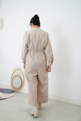 nude v neck overall w/ waist strings