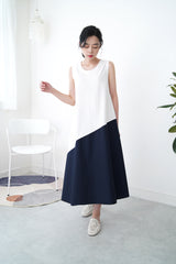 White flare cut dress in navy hem