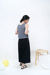 Navy checked v neck vest w/ waist strings