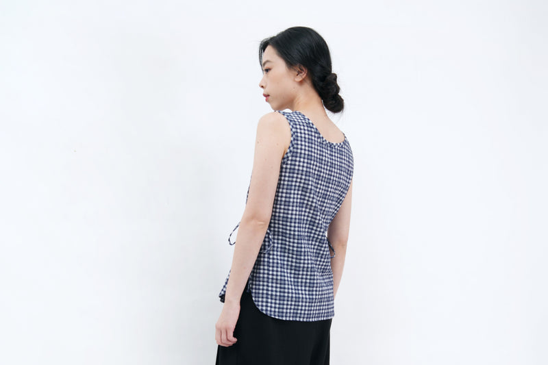 Navy checked v neck vest w/ waist strings